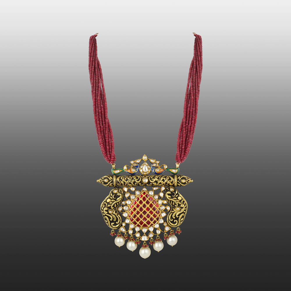 Partash Gold Necklace with Polki, Ruby Beads, and Peacock Motif